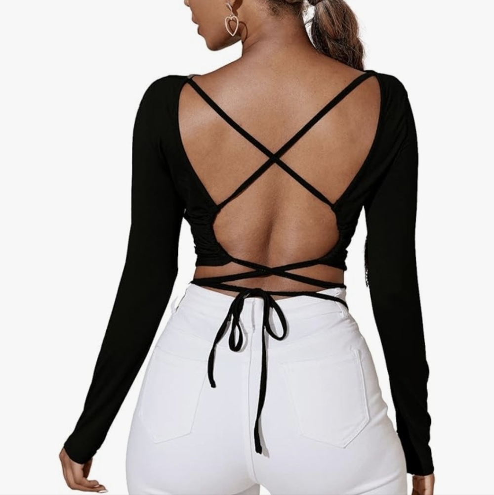 Crisscross Backless Tied Long Sleeve Top